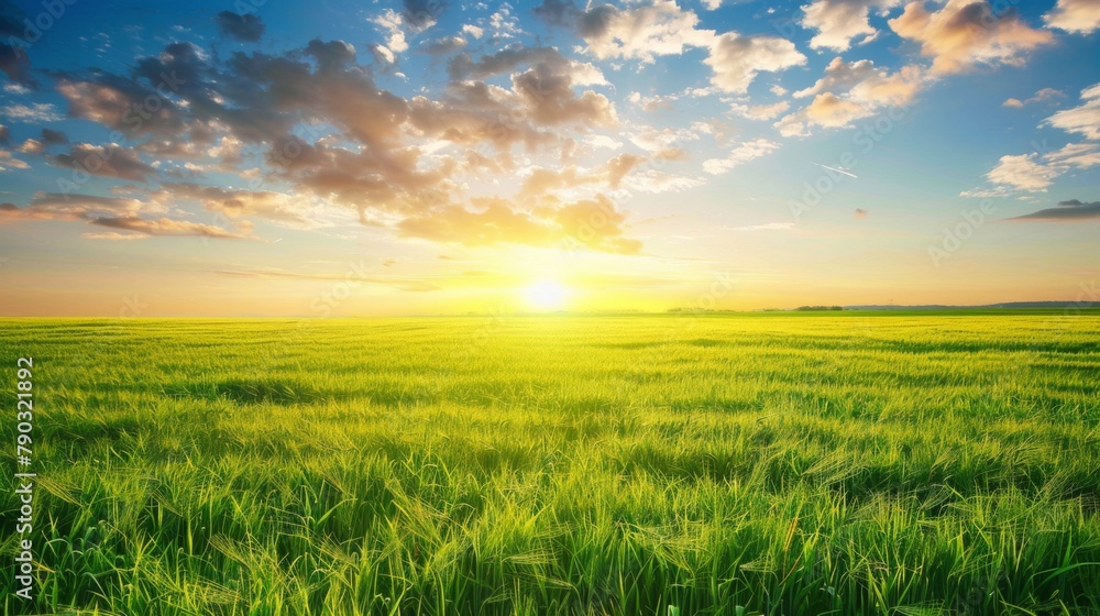 Poster green field of winter wheat and and beautiful sky with clouds in the evening