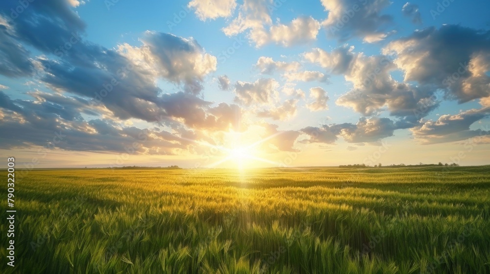 Poster green field of winter wheat and and beautiful sky with clouds in the evening