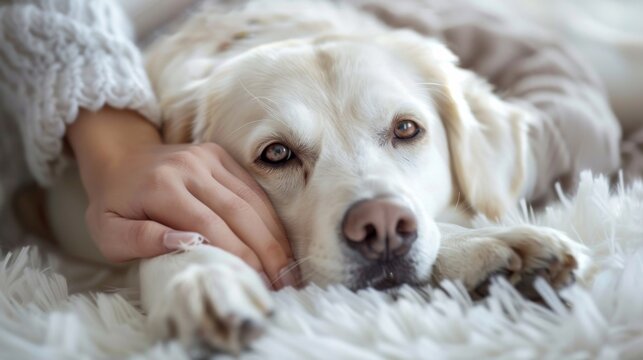 A white dog laying on a blanket with its owner's hand, AI