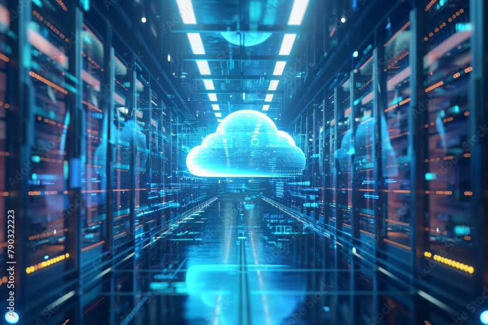 Poster a photograph of a large cloud hanging ominously in a server room, surrounded by rows of servers and 