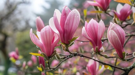 Fototapeta premium Blooming of magnolia occurs in the beginning of spring during overcast conditions