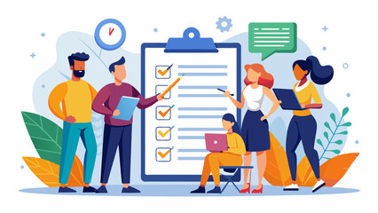 A group of five stylized characters are engaged in what appears to be a team discussion or project planning session. A large clipboard with checkmarks dominates the center of the composition.AI genera