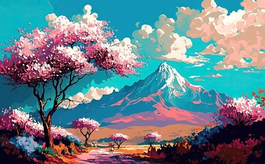 colourful mountains landscape panel wall art painting with trees and pink mountains in the background, 