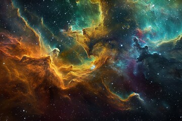 A vibrant space scene showcasing a multitude of stars in various shades, creating a captivating display, Coalescence of colors in a distant nebula, AI Generated - obrazy, fototapety, plakaty