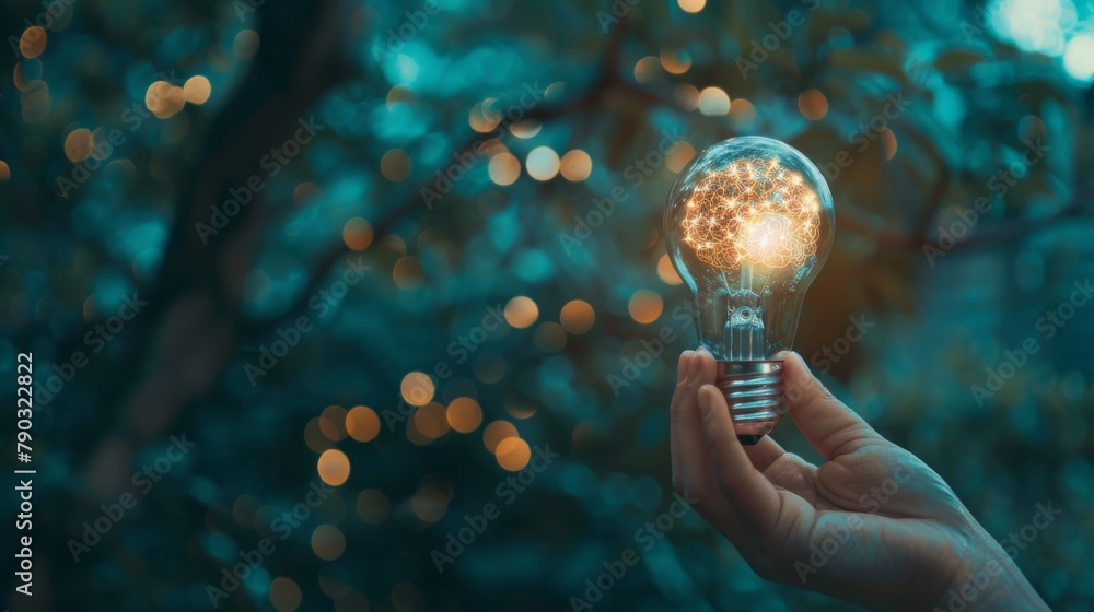 Poster Hand holding drawing virtual lightbulb with brain on bokeh background for creative and smart thinking idea concept.