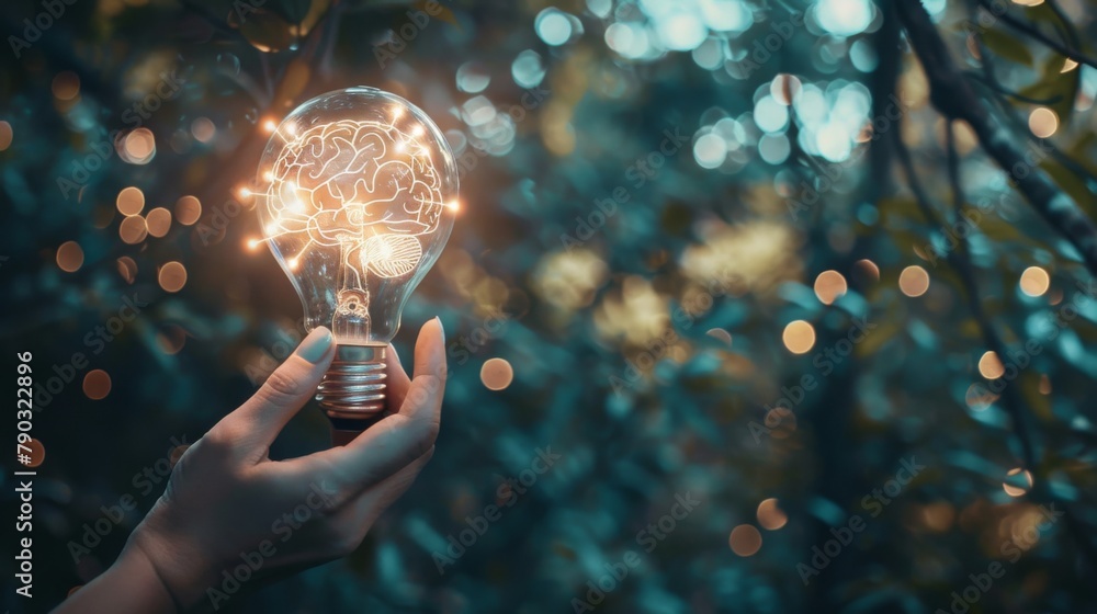 Poster Hand holding drawing virtual lightbulb with brain on bokeh background for creative and smart thinking idea concept.