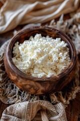 A bowl of cottage cheese on a table with cloth, AI