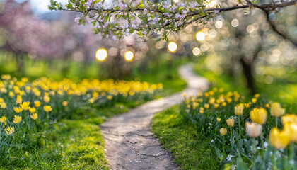 
path in spring garden, flowers, sun, bokeh, idyll, countryside