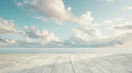 Wooden floor platform and blue sea with sky background
