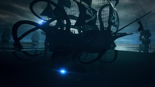 Pirates Ship attacked by the Kraken in the Ocean - Loop Seascape Background Wallpaper V2