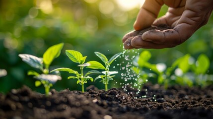 hand of a farmer giving fertilizer to young green plants nurturing baby plant with chemical fertilizer on green bokeh background - obrazy, fototapety, plakaty