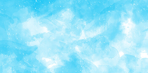 blue and white watercolor paint splash or blotch with sky blue stains, grunge Light blue background with watercolor, watercolor scraped grungy paper texture, Blue sky is surrounding with tiny clouds.