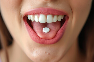 Smiling woman with addictive drug pill painkiller on her tongue, drug addiction awareness concept.