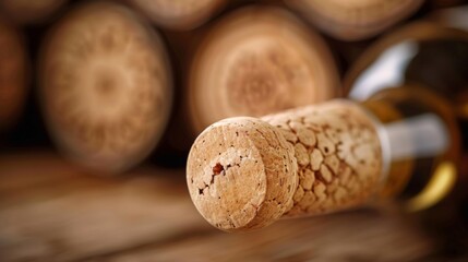 A close up of a bottle cork with wine corks stacked on top, AI