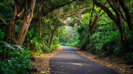 a beautiful nature trail, walkway with dense trees on either side. - obrazy, fototapety, plakaty