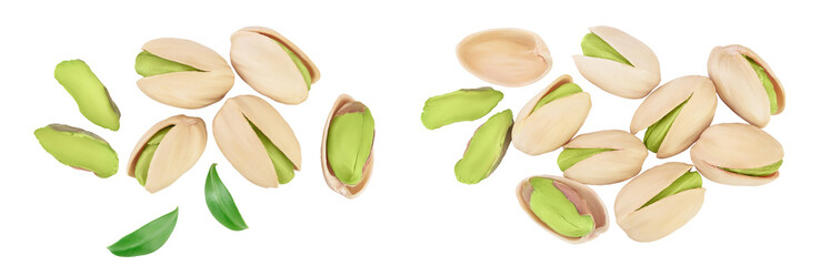 pistachio isolated on white background with full depth of field. Top view. Flat lay