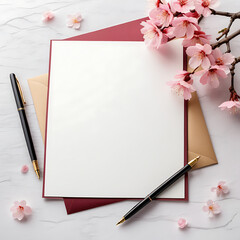Blank greeting card, invitation card Concept template. Empty white paper with sakura flower beside the paper