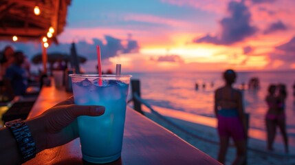 A person holding a drink at the bar on top of a wooden deck, AI