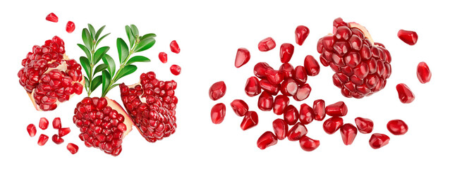 Pomegranate peaces isolated on white background with full depth of field. Top view. Flat lay