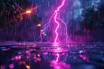 Fototapeta na wymiar Bright purple lightning bolt strikes in intense electrical storm with visible charged particles, creating a dramatic powerful night scene