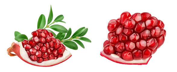 Pomegranate piece with leaf isolated on white background with full depth of field.