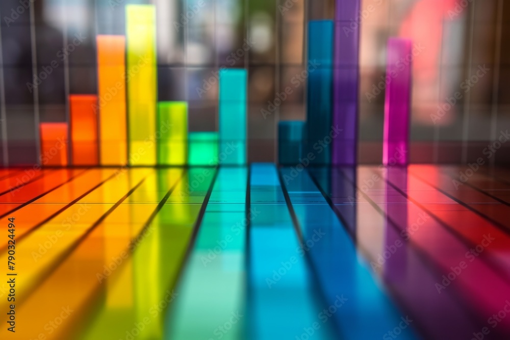 Poster a multi-hued building with numerous windows stands out in vibrant colors against the surrounding cit