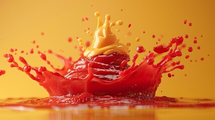 A vibrant mixture of red and yellow liquid bursts forth, creating a dynamic splash as it merges with the water below.