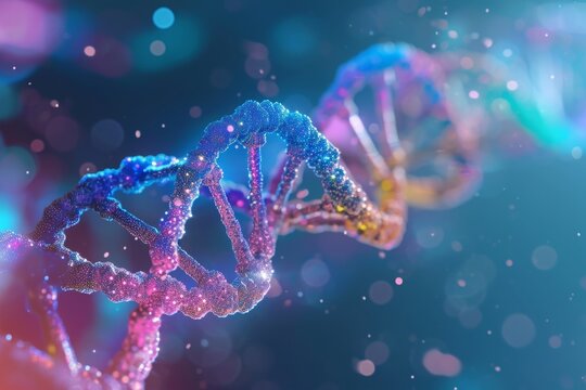 This close-up photo captures the intricate details of a double-stranded human model in shades of blue and purple, Colorful graphical representation of a DNA helix, AI Generated - Powered by Adobe