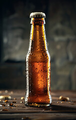 Beer bottle indoors image. AI generates it.