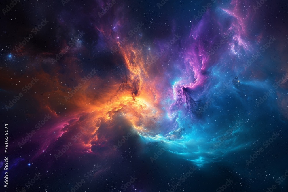 Poster an image capturing the vibrant colors of a space filled with stars and clouds, colorful space nebula