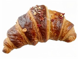 Croissant with nuts and raisins on a white background