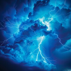 Fototapeta premium Vivid lightning bolt strikes during storm, blue sky backdrop, glowing shock, creating spectacular natural scene