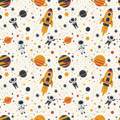 A seamless design featuring planets, astronauts