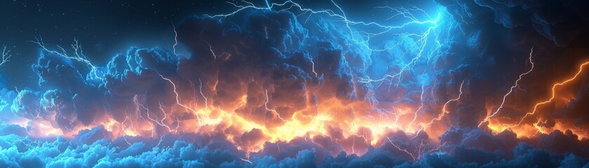 In a stormy night, lightning strikes fiercely from sky to earth, showcasing power and tempestuous scene - obrazy, fototapety, plakaty