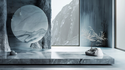 Oriental set ofJapanese  style minimal abstract  background.podium and gold bonsai tree with dark background for product presentation. 3d rendering illustration.
