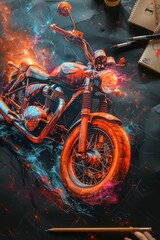 A drawing of a retro vintage motorbike on a black background, generated with AI