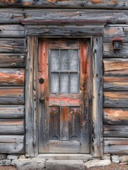 A door to a log cabin with an old fashioned window, AI