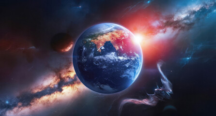 The Earth floating in a fantasy space galaxy, and celestial bodies shimmer in the background....