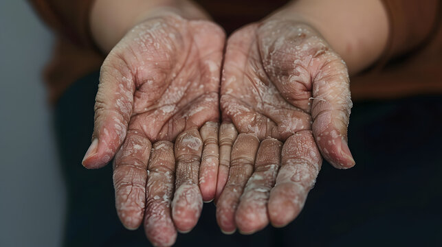 Dry hands peeling skin on hand and fingers. air allergy, chemical allergy