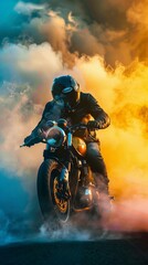 A motorcycle rider riding through smoke, generated with AI
