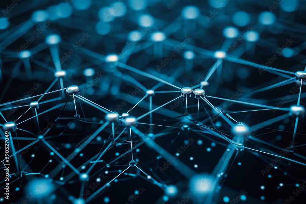 Poster this close-up photo features a detailed view of a network composed of blue and white dots interconne