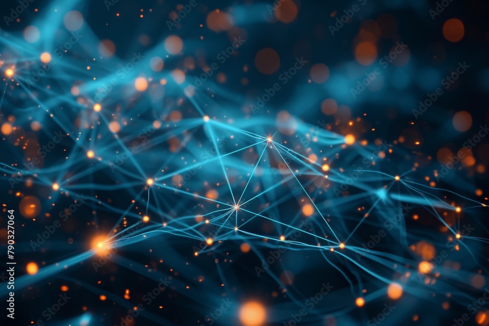 Poster A vibrant blue abstract background featuring intersecting lines and scattered dots, Conceptual design symbolizing a decentralized network, AI Generated