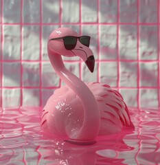 Pink Flamingo Floating in Water