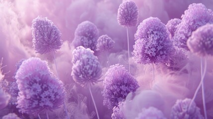 Dreamy, ethereal scene of purple allium flowers on a soft, misty background