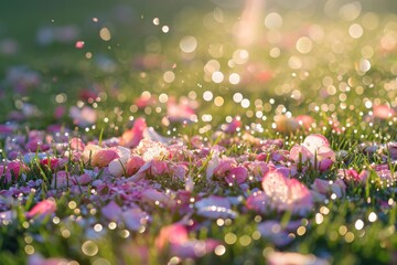 A Field Filled With Pink Flowers Covered in Dew, Confetti gently resting on dew-kissed grass after an early morning celebration, AI Generated