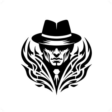 recommend clip art: mafia; gangster in modern tribal tattoo, abstract line art of people, minimalist contour. Vector