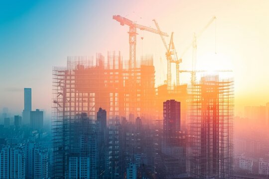 A photo of a city skyline with a crane in the background, showcasing urban development, Construction progression superimposed on a future urban skyline, AI Generated