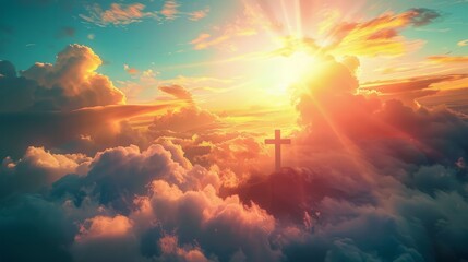 Cross in the Middle of Cloud-Filled Sky - obrazy, fototapety, plakaty