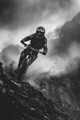 Black and white photography of a downhill riding fast rider, generated with AI