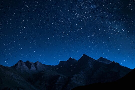 The photo captures the majestic night sky filled with stars shining above a rugged mountain range, Contours of a mountain range under a star-lit night sky, AI Generated
